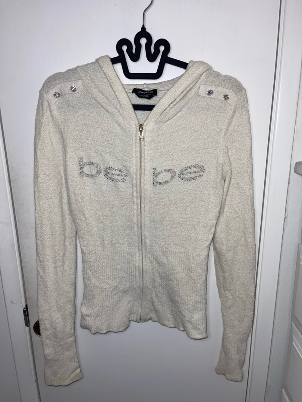 EUC bebe Cream Hooded Zip-Up Sweater with Rhinestone Logo